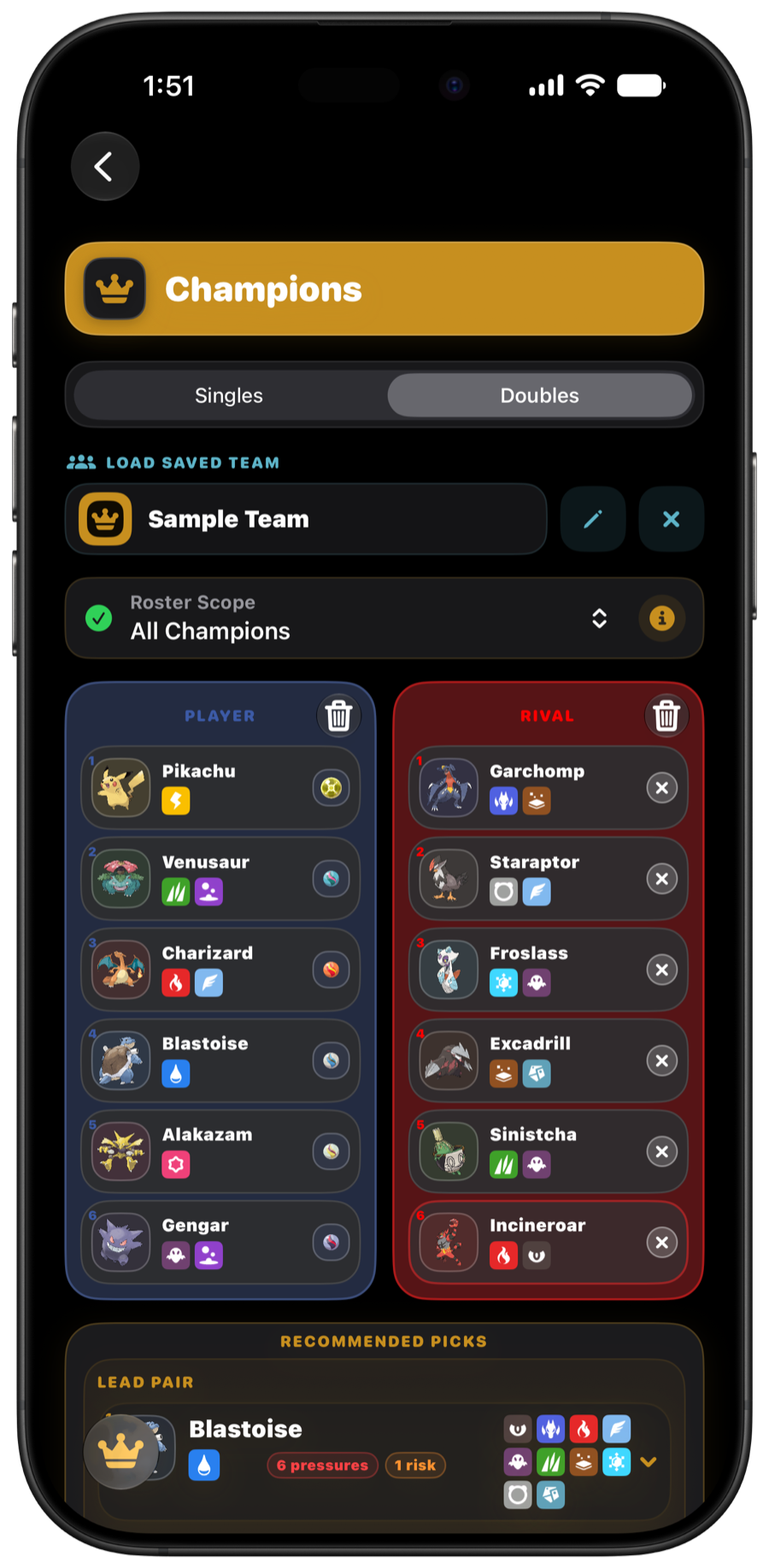 Champions Mode evaluating two opposing teams in Dark Mode
