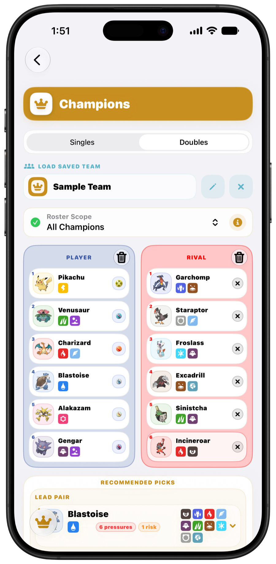 Champions Mode evaluating two opposing teams in Light Mode