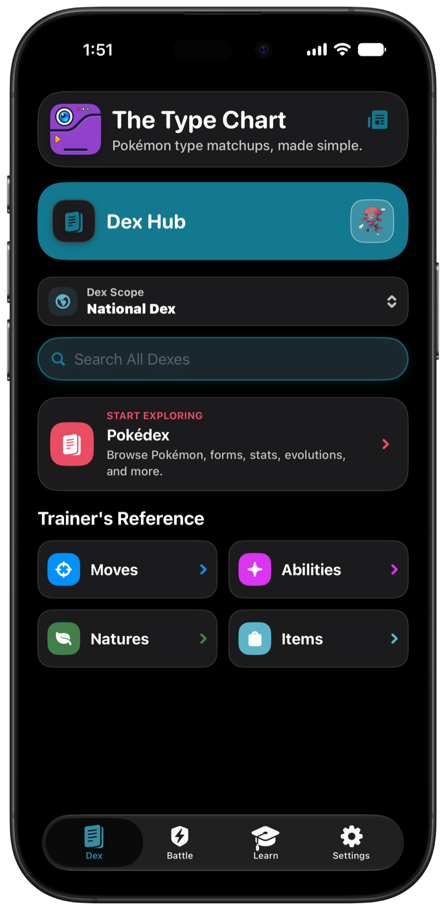 The Type Chart Dex Hub in Dark Mode