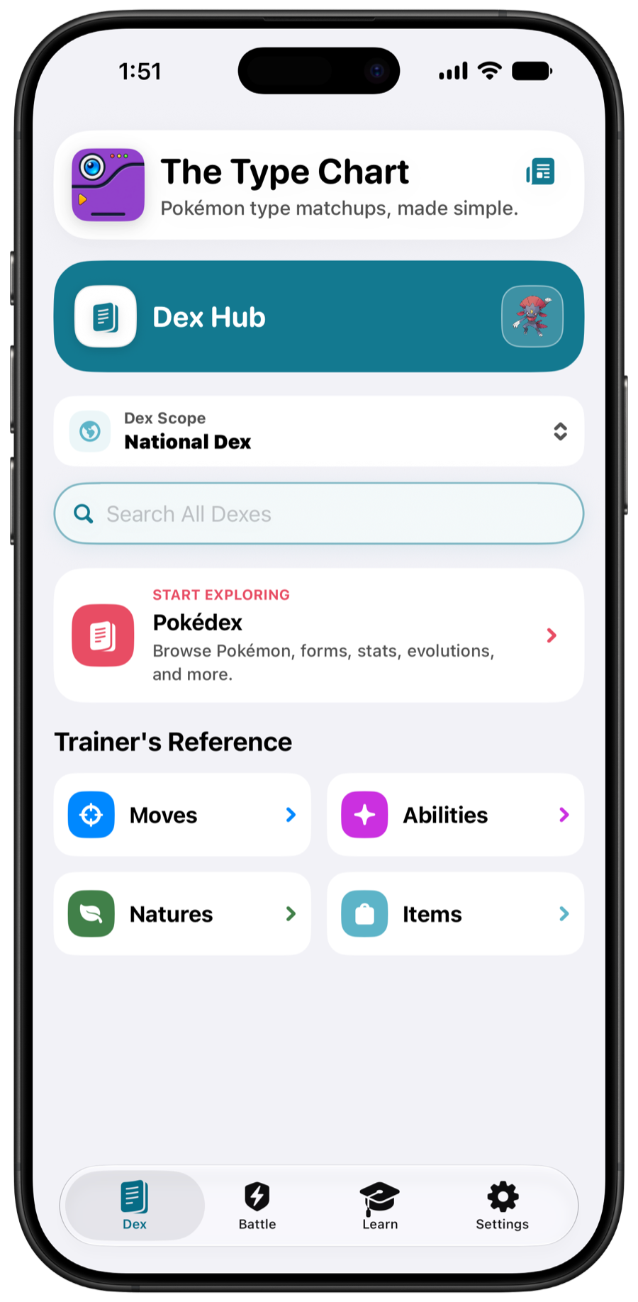 The Type Chart Dex Hub in Light Mode