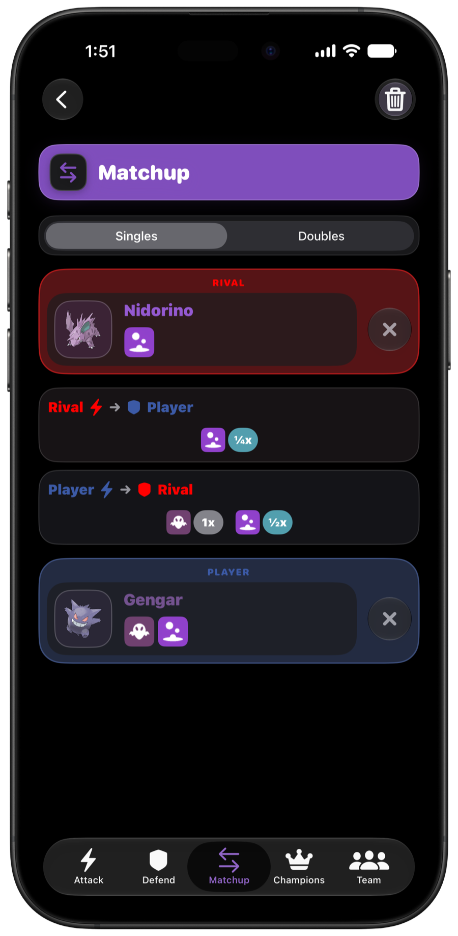 Matchup Mode comparing two Pokémon in Dark Mode