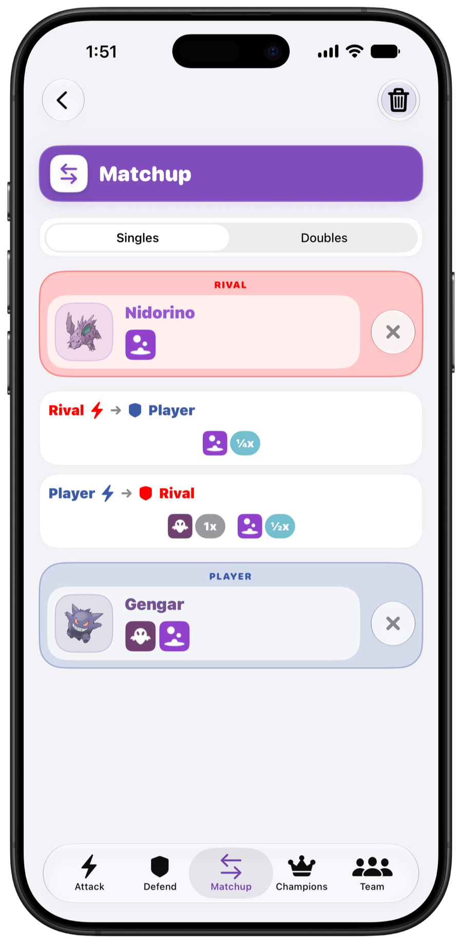 Matchup Mode comparing two Pokémon in Light Mode