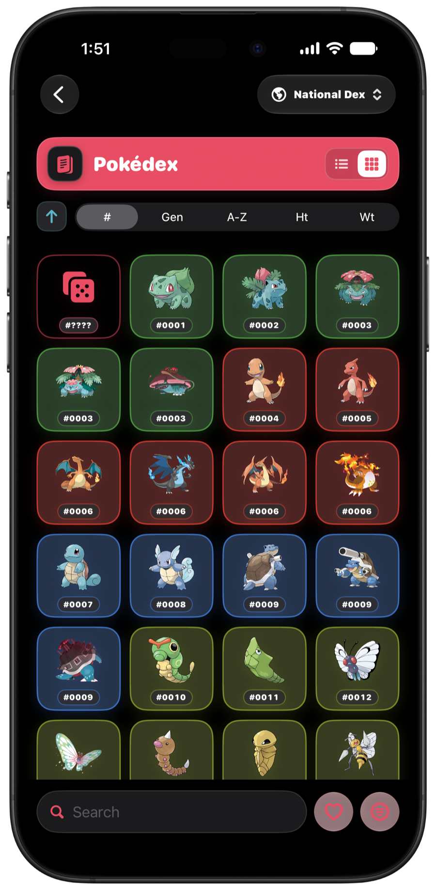 The Type Chart Pokédex in grid view in Dark Mode