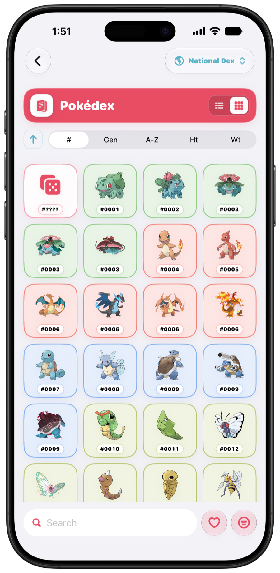 The Type Chart Pokédex in grid view in Light Mode
