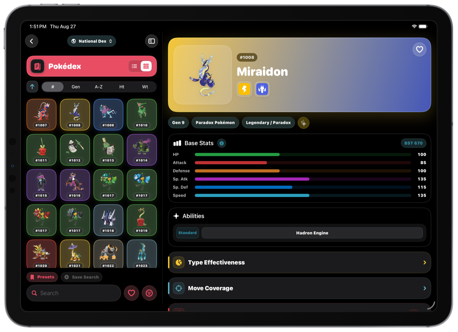 The Type Chart Pokédex and Miraidon profile side by side on iPad in Dark Mode