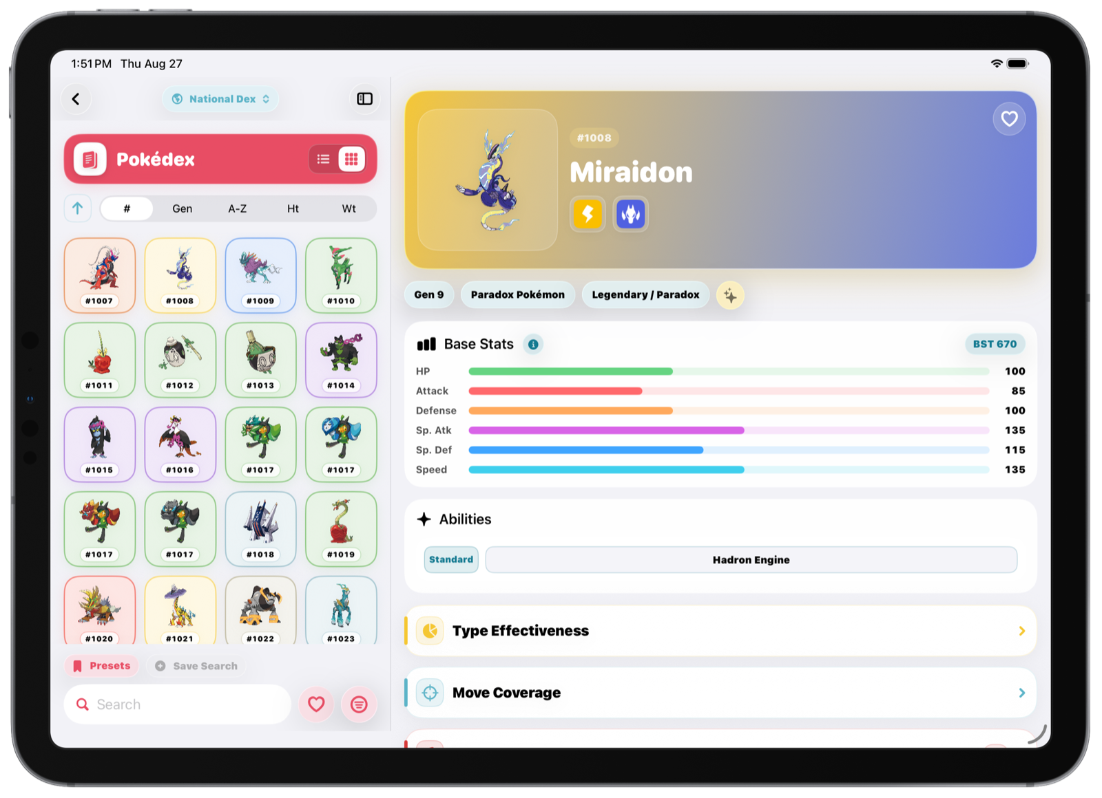 The Type Chart Pokédex and Miraidon profile side by side on iPad in Light Mode