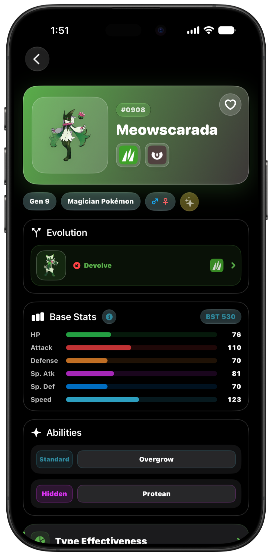 Meowscarada’s profile in The Type Chart in Dark Mode