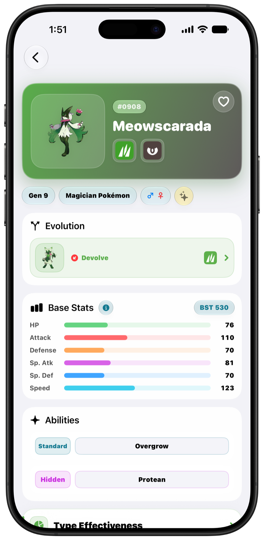 Meowscarada’s profile in The Type Chart in Light Mode