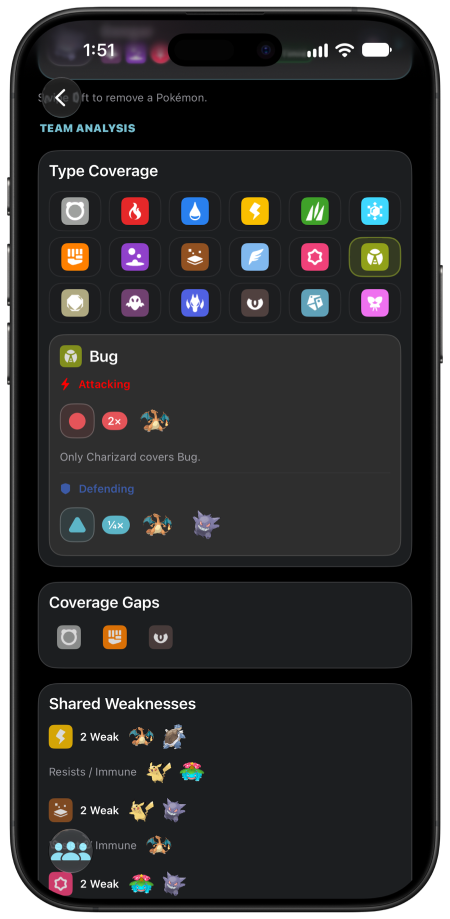 Advanced team analysis in The Type Chart Pro in Dark Mode