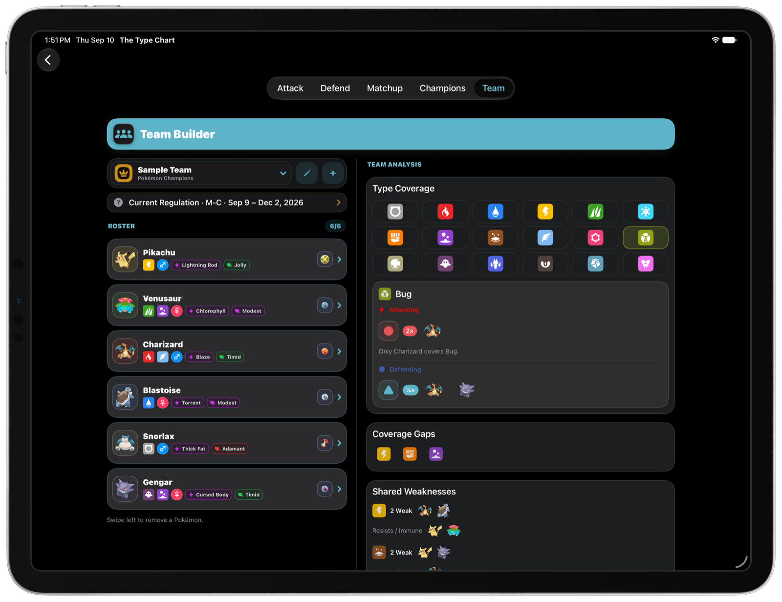 The Type Chart Team Builder and team analysis side by side on iPad in Dark Mode
