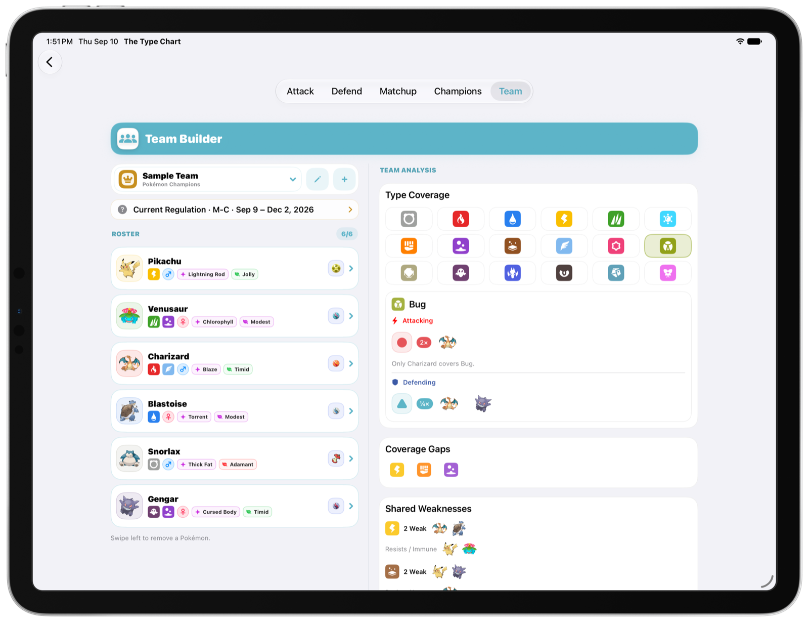 The Type Chart Team Builder and team analysis side by side on iPad in Light Mode