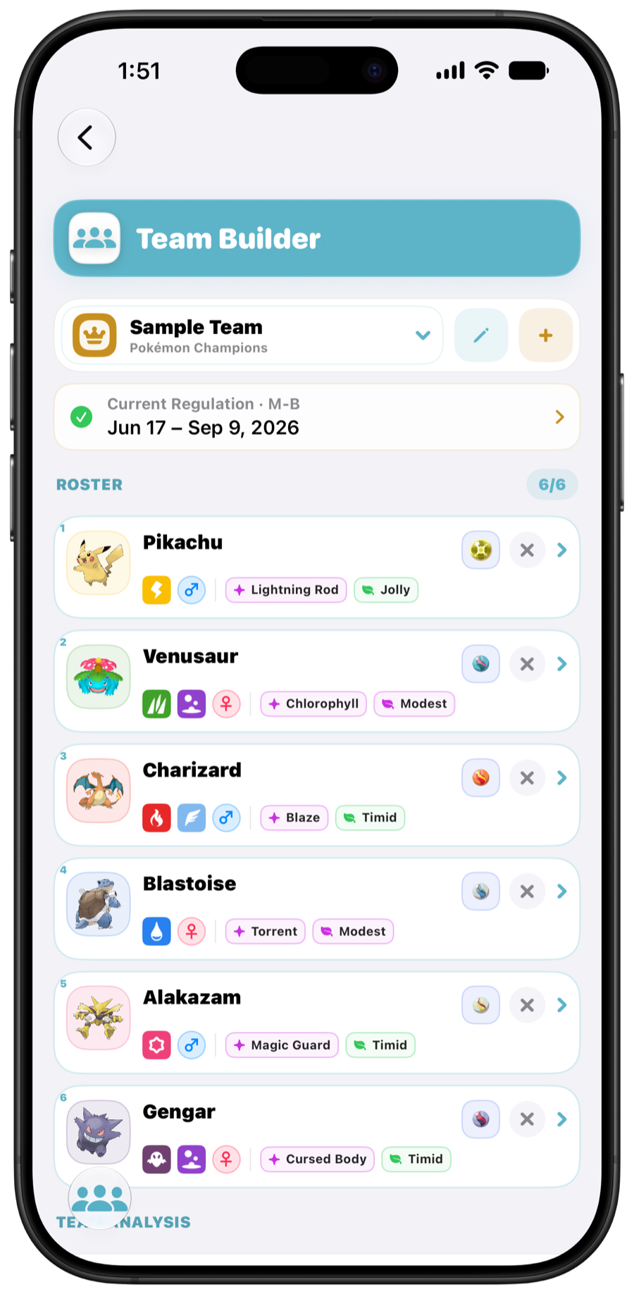 A complete team in The Type Chart Team Builder in Light Mode